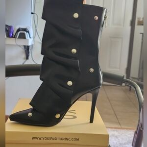 Yoki Black Pointed Stiletto Boot with Gold Stud Accents
